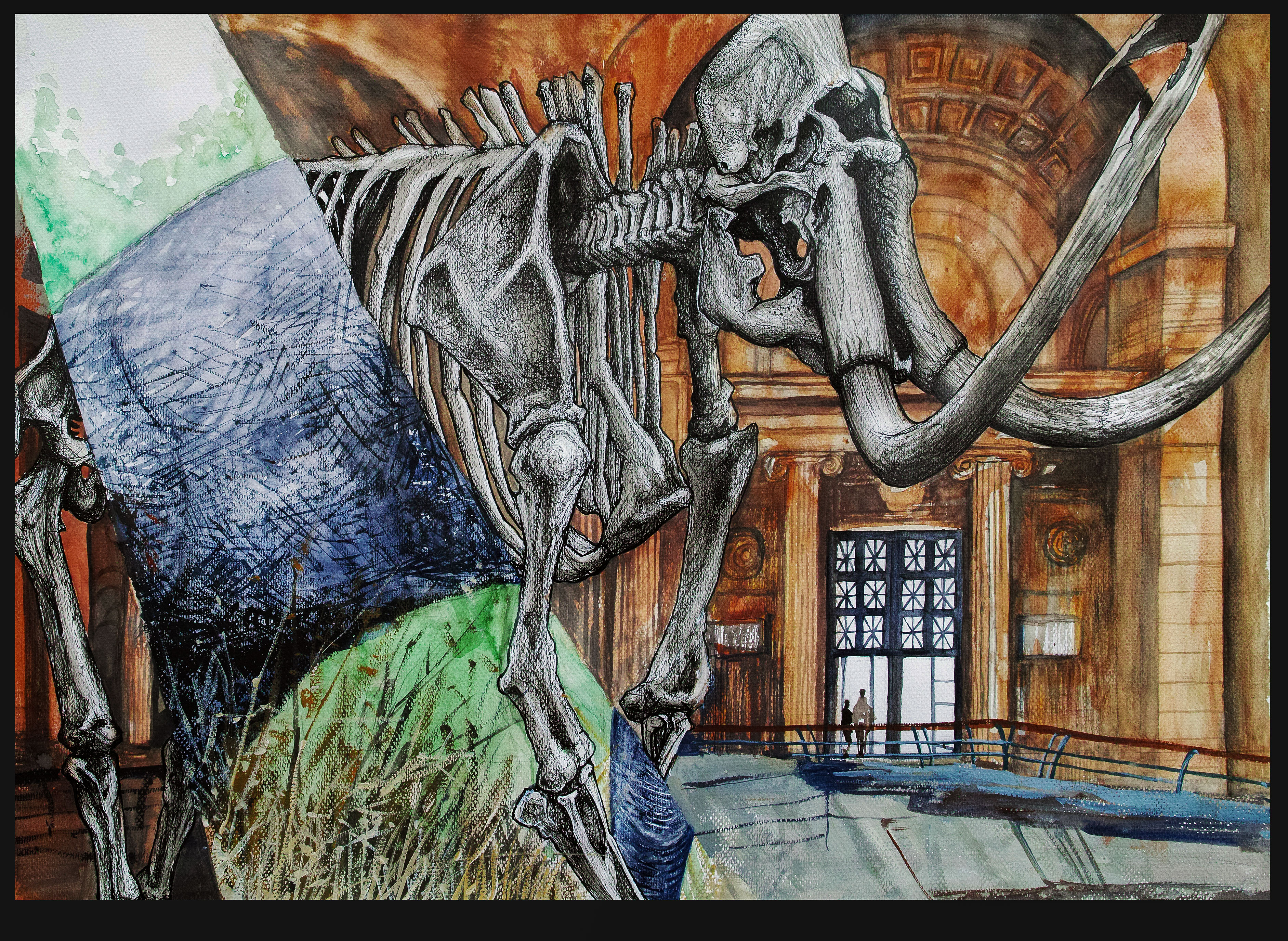 Artistic depiction of a mammoth skeleton displayed in a grand museum hall with classical architectural elements and two small human figures near the entrance.