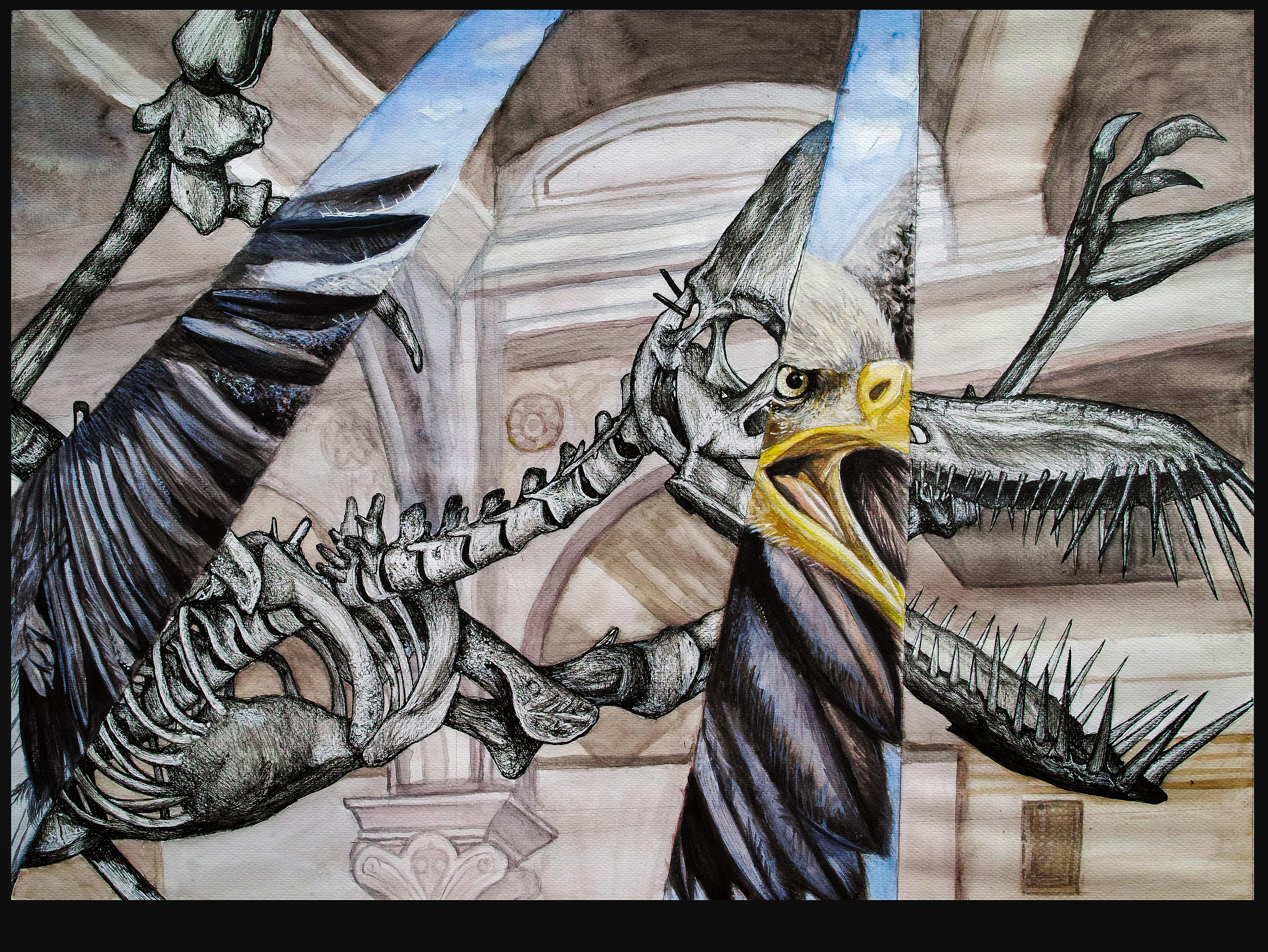 Artwork showing a fusion of a pterosaur skeleton and a fierce eagle with wings spread against a museum interior background.
