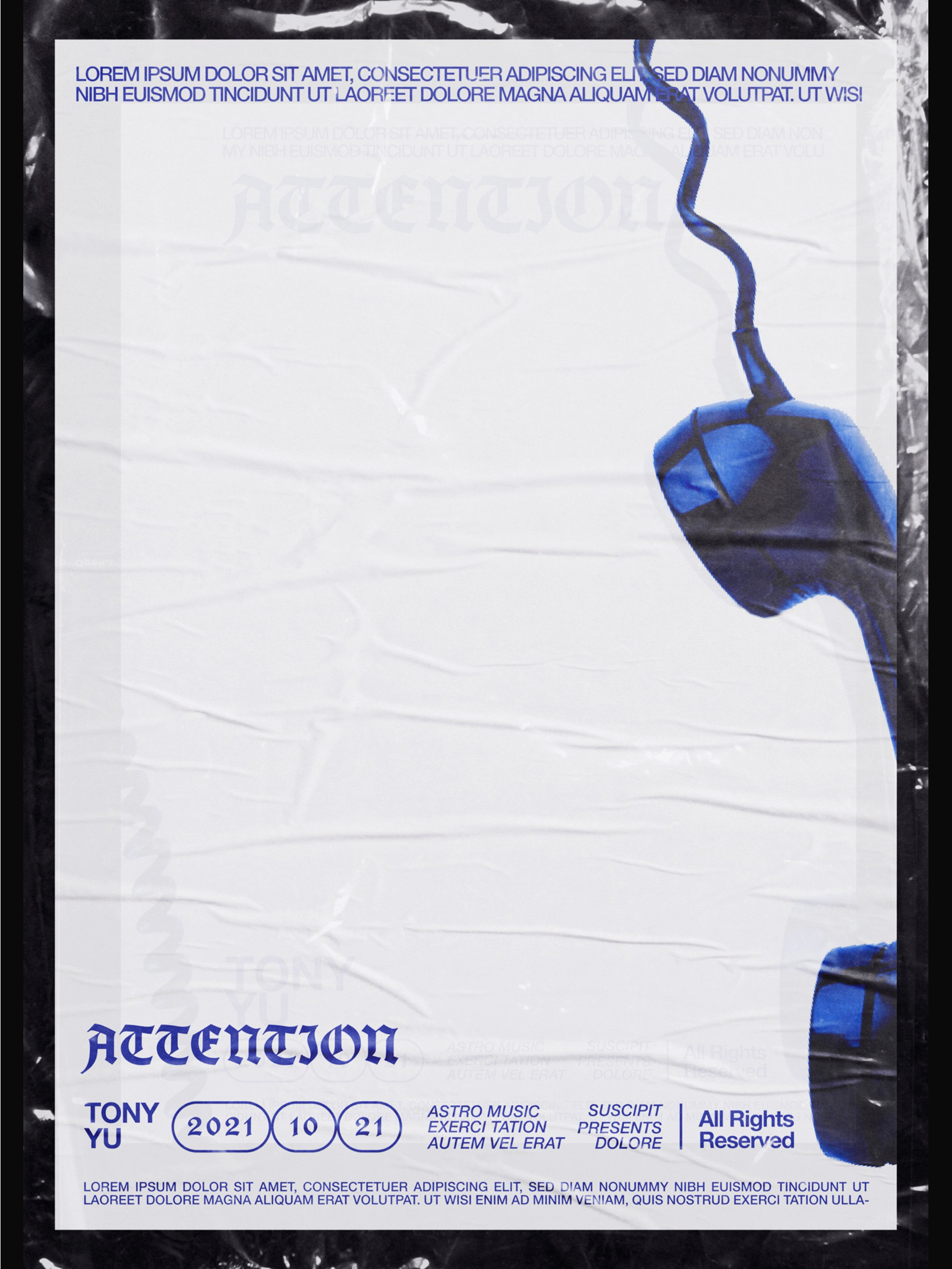 Poster with a black background and white center featuring a blue vintage telephone handset on the right side and text including the word 'ATTENTION', date '2021 10 21', and 'All Rights Reserved'.