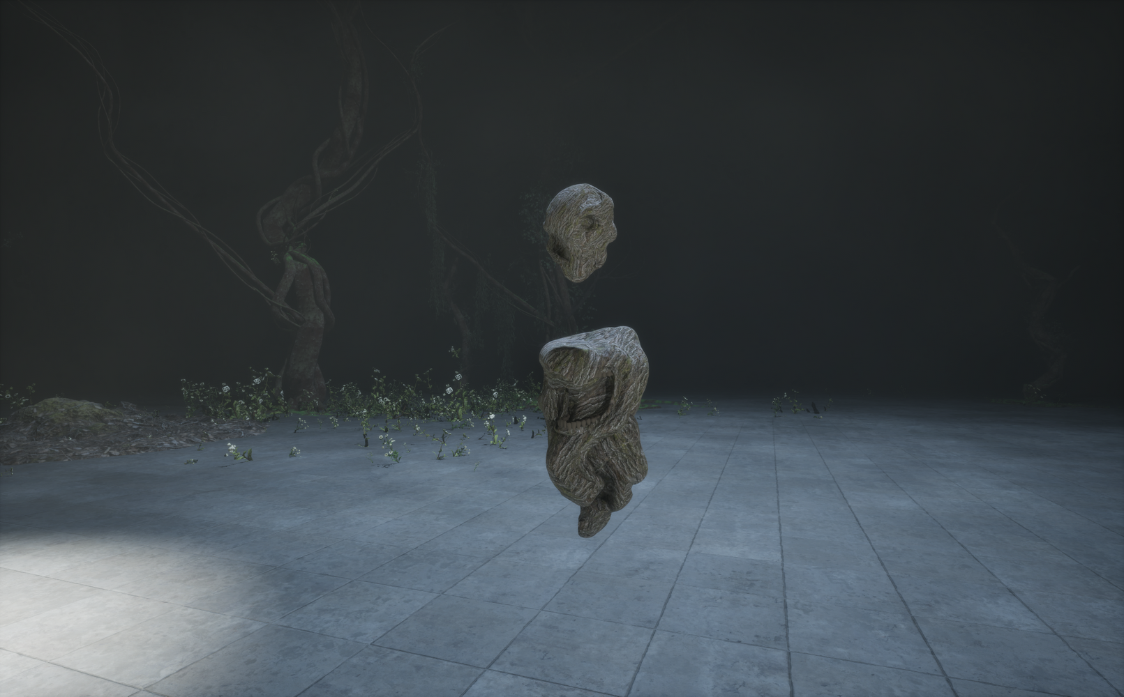 A dark eerie scene with a floating, twisted wooden sculpture resembling a distorted face and torso above a tiled floor and sparse foliage.
