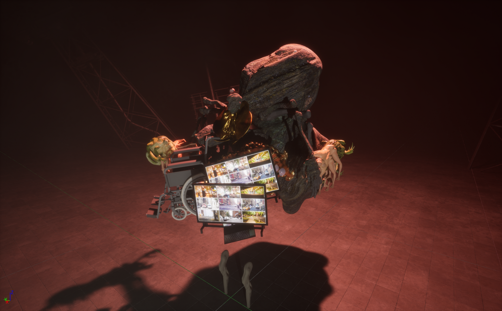 Digital surreal scene featuring a wheelchair, two screens showing multiple surveillance camera feeds, humanoid forms, a large rock, and abstract shapes on a reddish tiled floor.