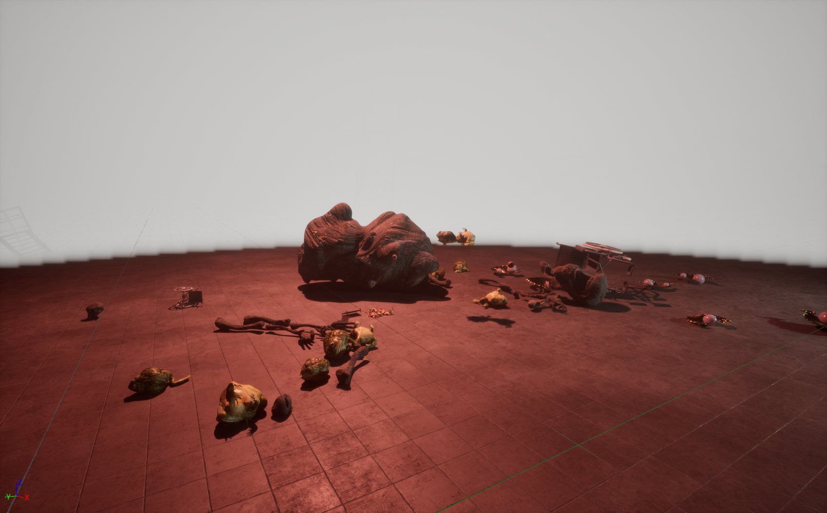3D rendered scene showing scattered, broken statues and debris on a large red tiled floor with a foggy gray background.