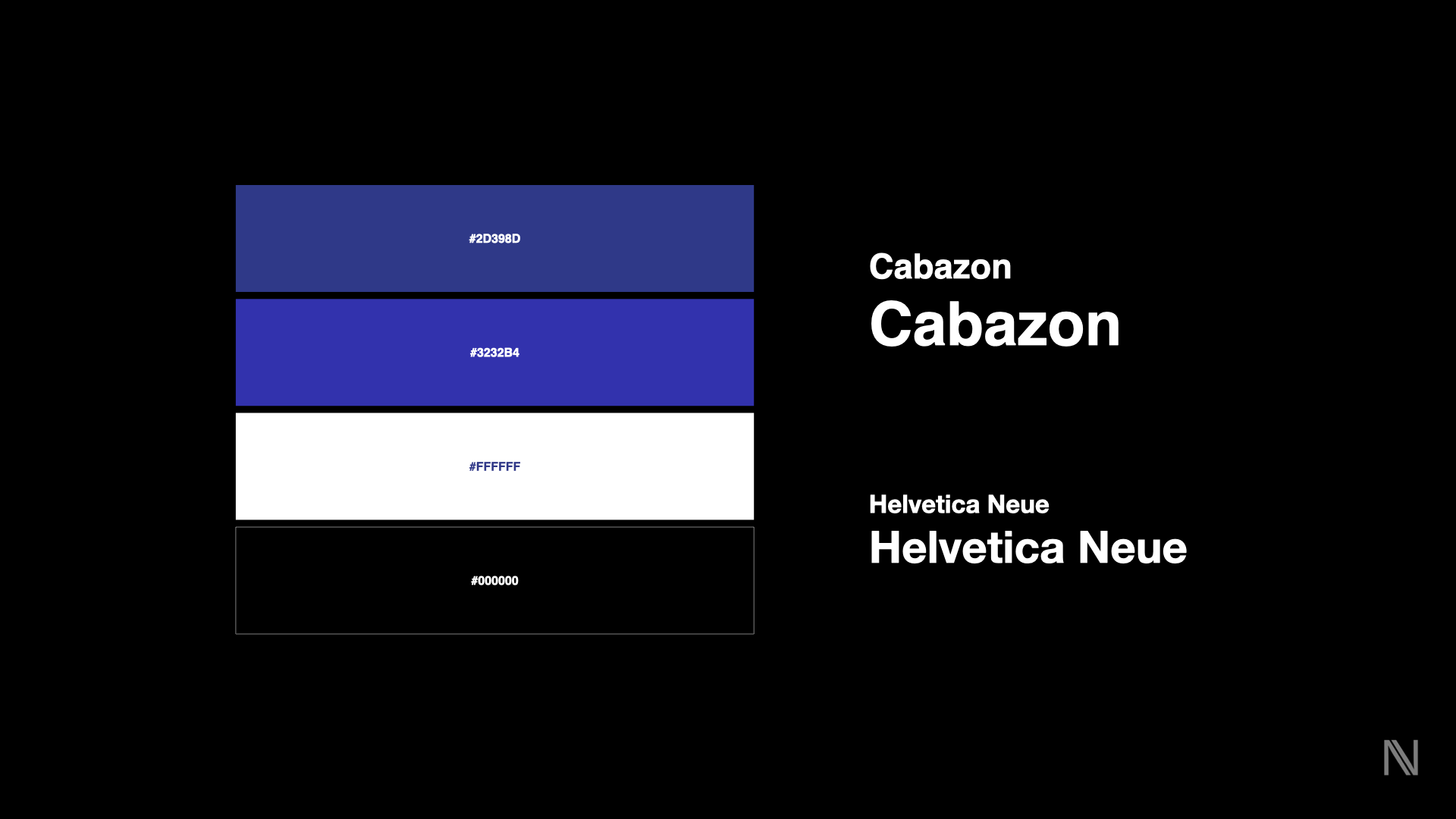 Color palette with blue (#2D398D, #3232B4), white (#FFFFFF), and black (#000000) alongside typography samples 'Cabazon' and 'Helvetica Neue' in bold white text on a black background.
