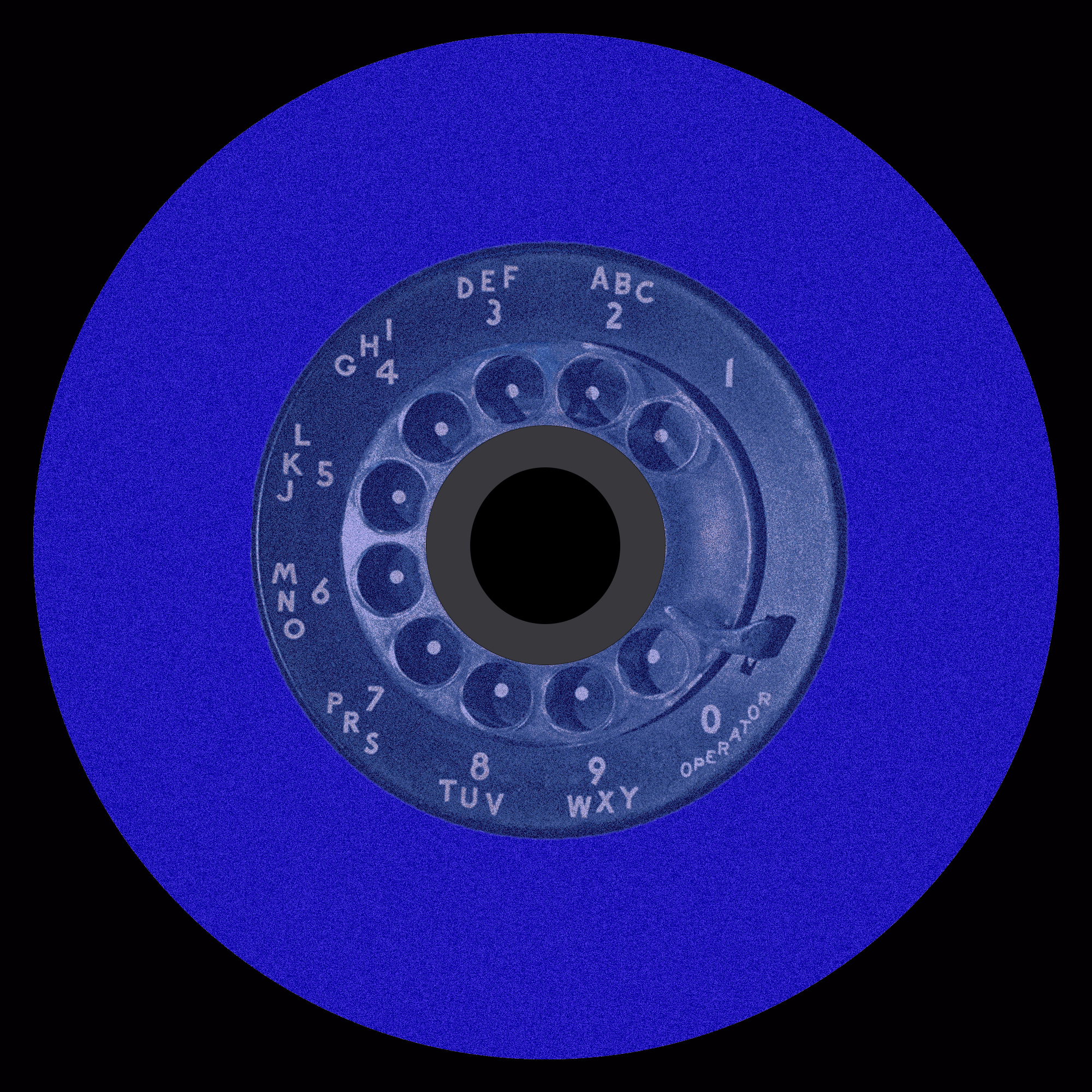 Close-up of a vintage rotary dial telephone with letters and numbers on a blue circular background.
