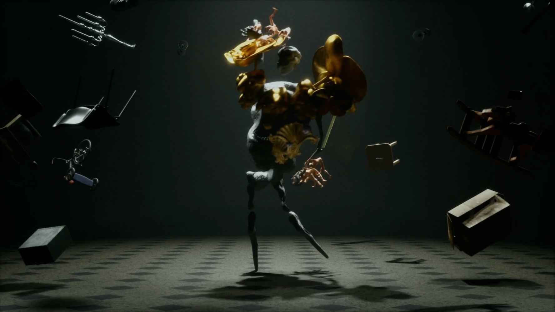 Abstract humanoid figure composed of dark limbs and golden objects floating in a dark room with suspended vintage items around.